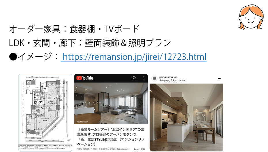 オーダー家具:食器棚・TVボード・LDK・玄関・廊下:壁面装飾&照明プラン