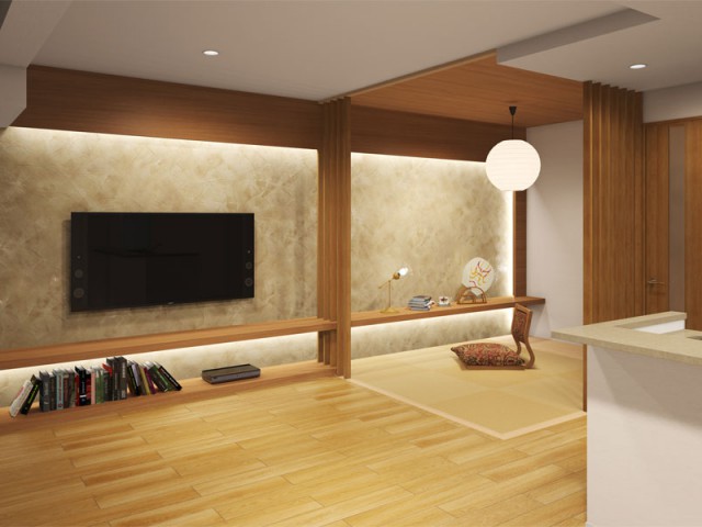 大阪の新築マンションのリビングを和モダンにデザインしました